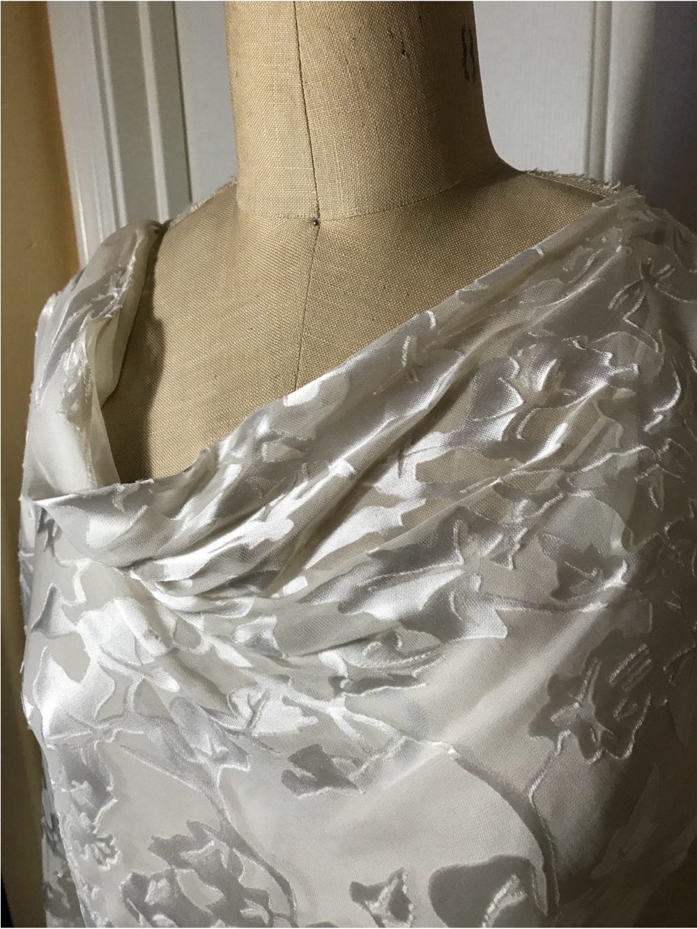 90s Adrianna Papell Evening Ivory Burn out Satin fabric Cowl Neck Blouse